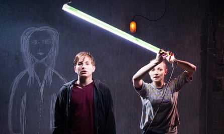 Harry McEntire (left) as Michael in the 2014 play Debris at Southwark Playhouse, with co-star Leila Mimmack
