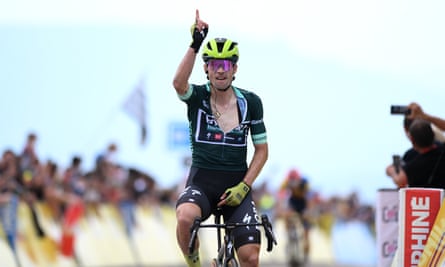 Primoz Roglic of Slovenia celebrates after winning stage six.