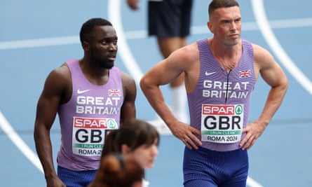 Britain’s Romell Glave and Richard Kilty after finishing last in the men’s 4x100m relay heats.